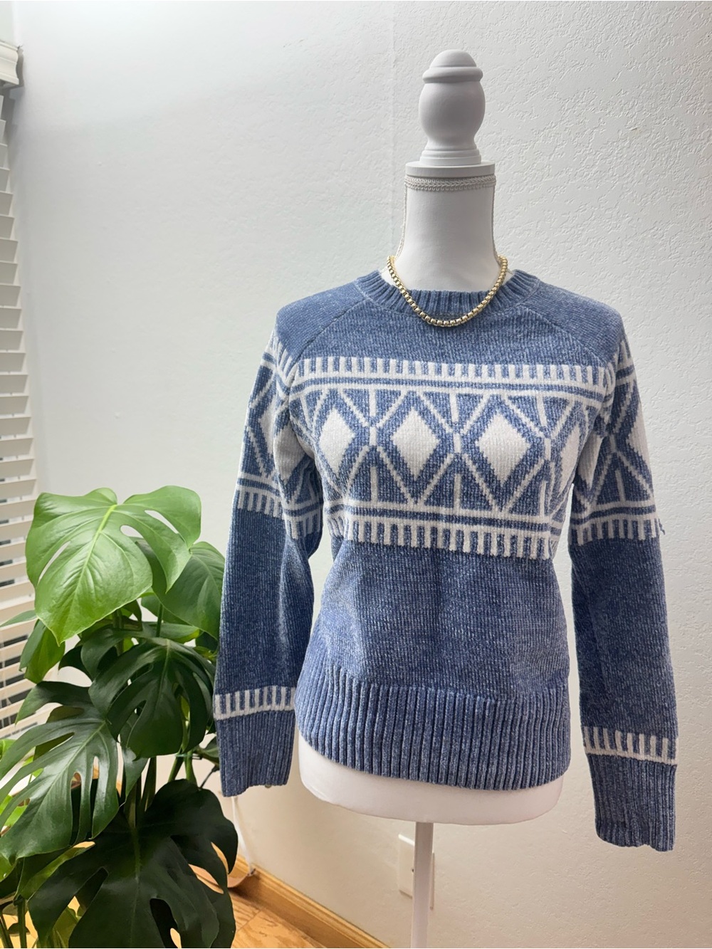 Cozy Blue and White Geometric Knit Sweater - Women's
